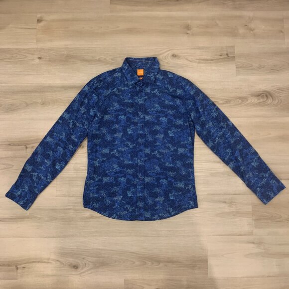 Men's Hugo Boss Orange Size Large Blue Mini Floral Pattern button down shirt - Picture 1 of 9